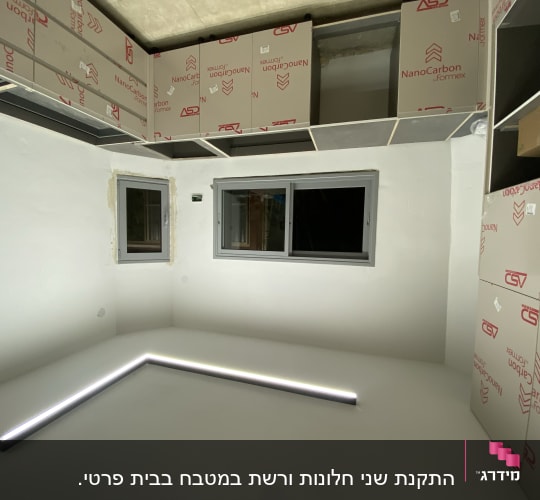 חלונות אלומיניום עם מסגרת אפורה בחדר